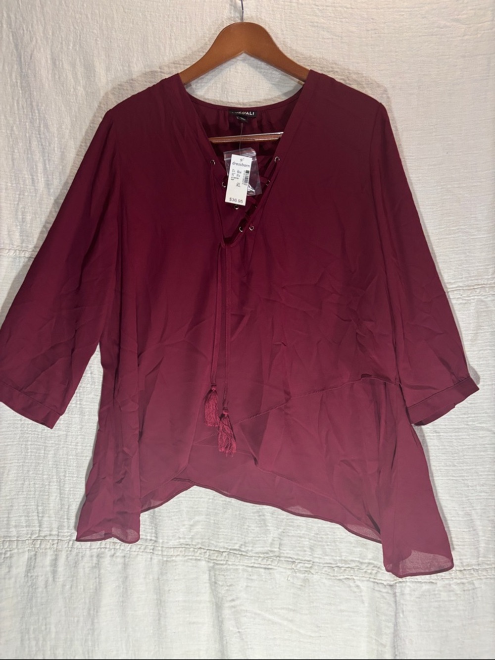 Roz & Ali Burgundy Lace-Up V-Neck Tunic NWT